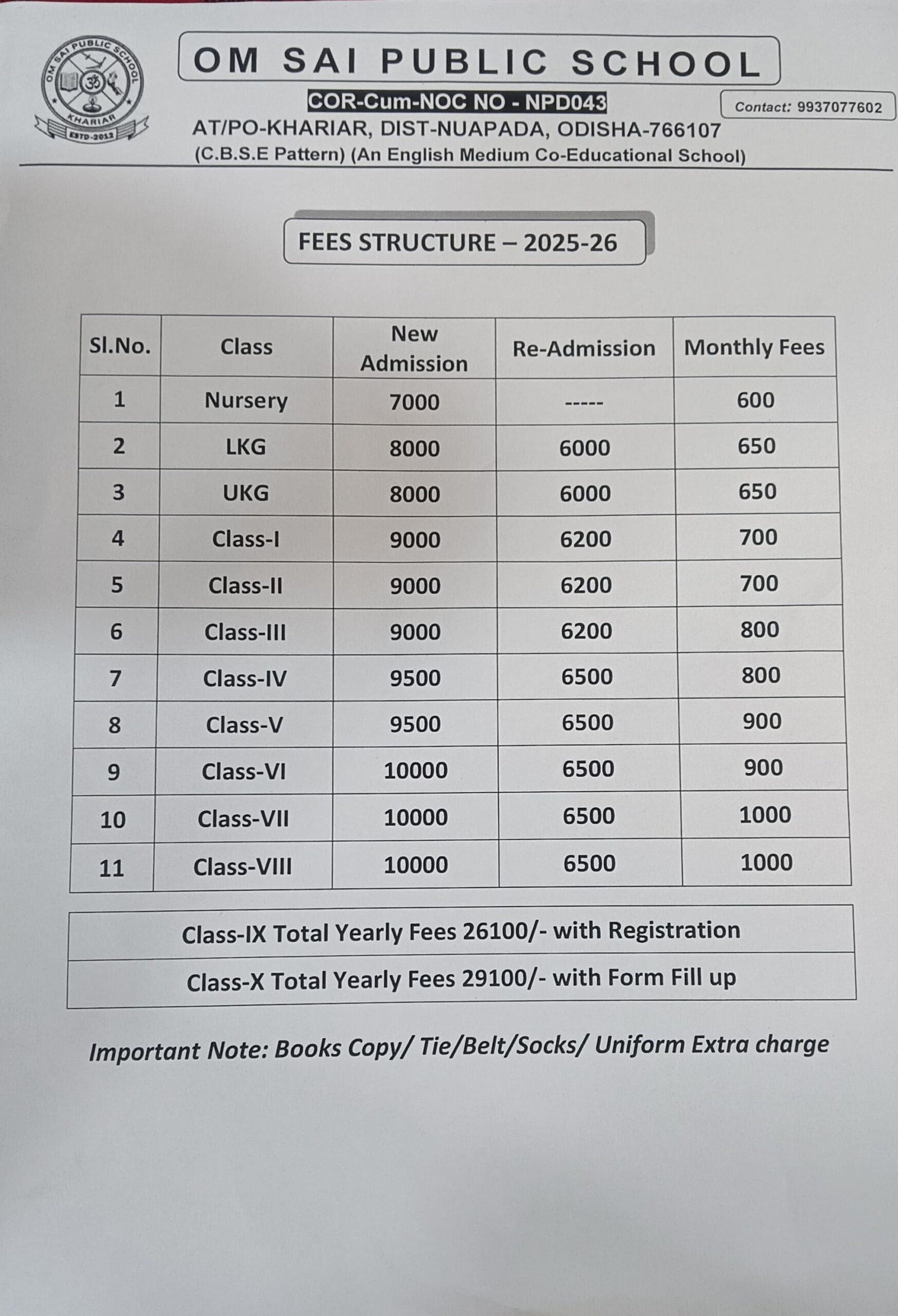 Om Sai Public School Khariar fee, school fee structure Odisha, CBSE school fees Khariar, affordable school fee Nuapada, Om Sai Public School admission